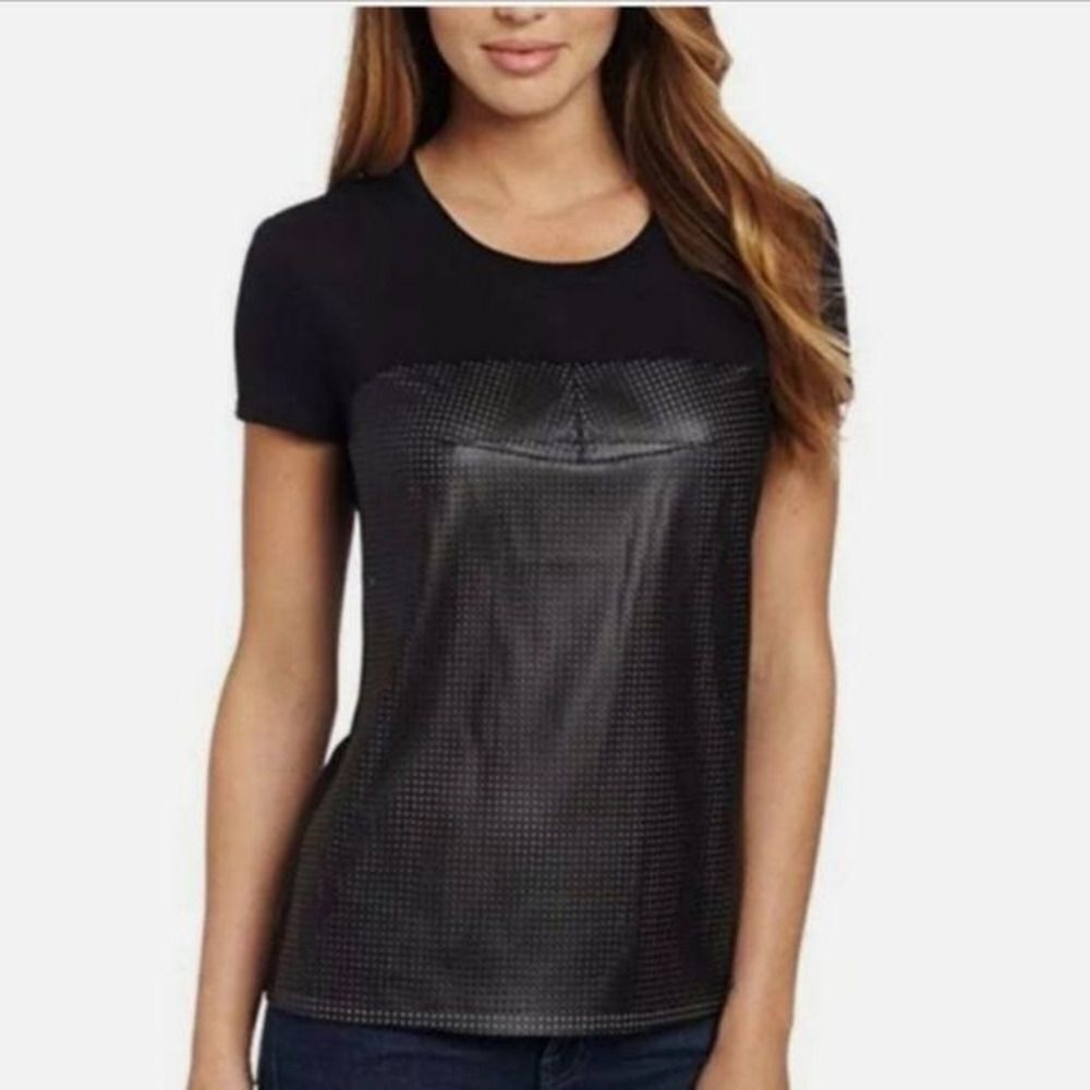 BCBGMAXAZRIA Black Faux Leather Mesh Tee Women's L‎